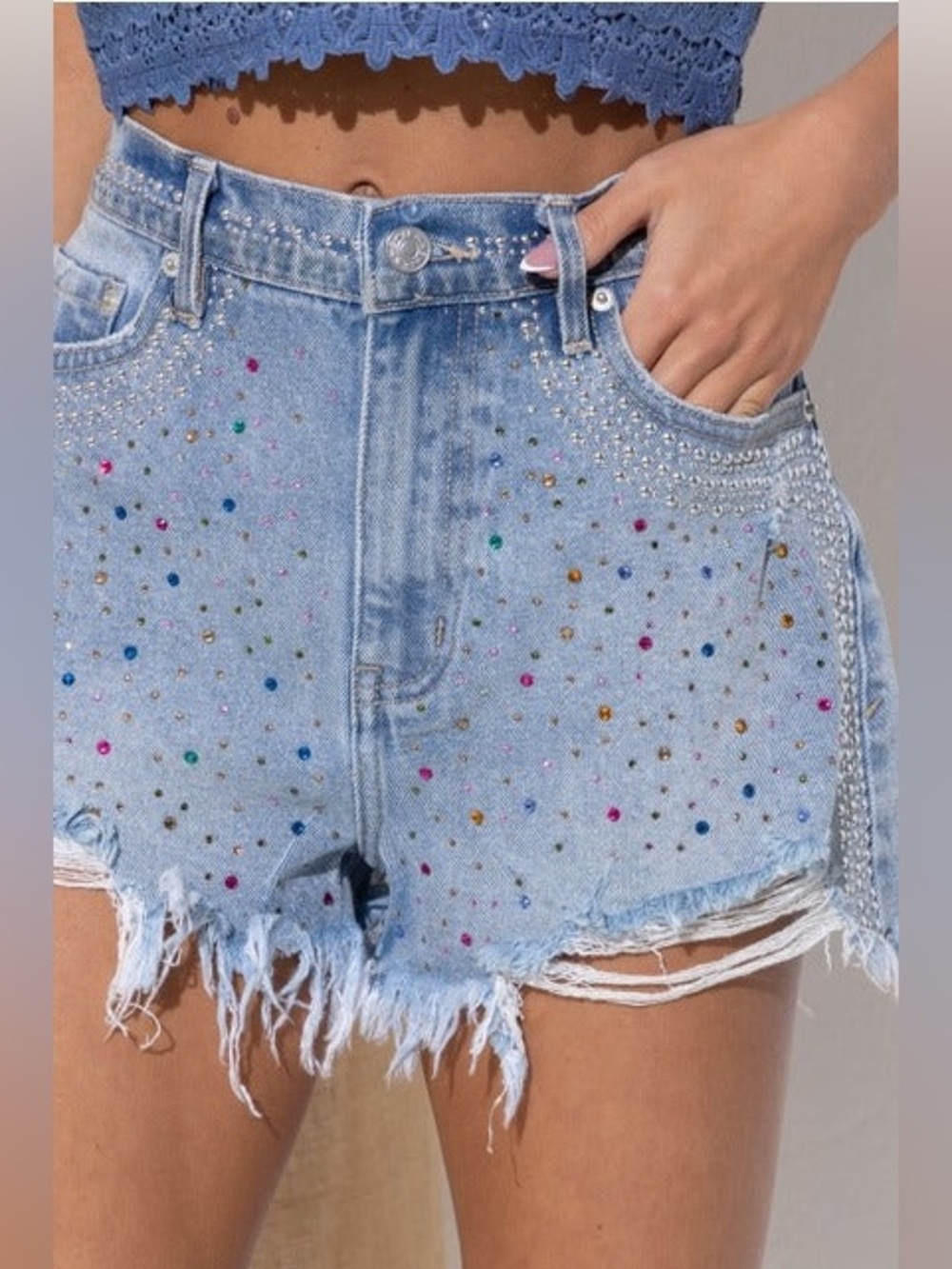 Blue B Rainbow Rhinestone & Studded Denim Shorts Small western swiftie